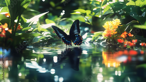 Enchanting Panorama of the Spicebush Swallowtail Butterfly Fluttering Over a Tranquil Pond Surrounded by Blossoms photo