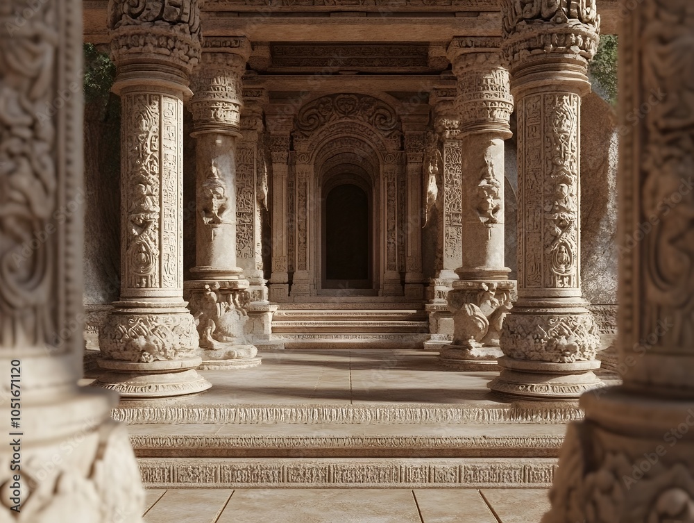 Obraz premium Ornate Sandstone Temple Archway with Intricate Carvings and Columns
