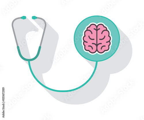mental health icon with brain and stethoscope. Flat style vector illustration. blue, white, green.