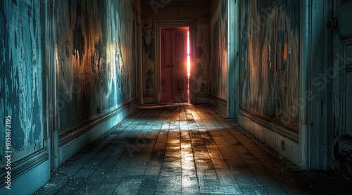 Wallpaper Mural A long, dim hallway in an old, creaky house, with flickering lights and faded wallpaper peeling from the walls. At the end of the hall. Torontodigital.ca