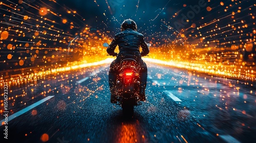 A motorcyclist speeds along a road enclosed by vibrant, fiery lights, creating a dynamic, energetic environment symbolizing adventure and freedom. photo