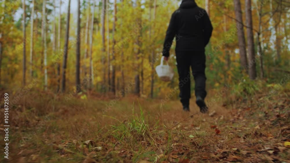 Mushroom picker enjoys healthy lifestyle and leisure activity of mushroom hunting in environmental beauty of autumn forest. Man with basket discovers hidden wildlife and raw beauty of the fall forest Mushroom picker enjoys healthy lifestyle and leisure activity of mushroom hunting in environmental beauty of autumn forest. Man with basket discovers hidden wildlife and raw beauty of the fall forest
