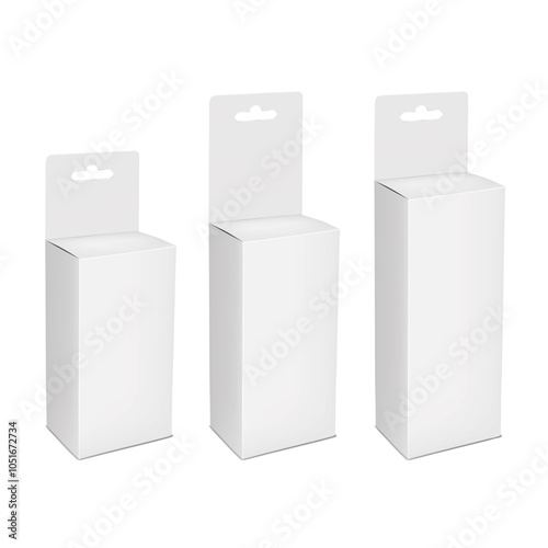 Blank rectangle paper box with tuck-in flap, header tab with euro hole. 3d mockup set. Hanging paperboard container isolated on white background. Realistic vector mock-up. Template for design