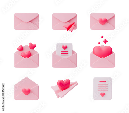 3D pink mail envelope set. Realistic vector illustration with letter, heart, paper plane. Open and closed envelopes love message, be my Valentine. Valentines and Mothers day icon on white background