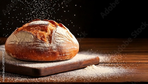 Freshly Baked Bread on Rustic Wooden Board with Flour Dust