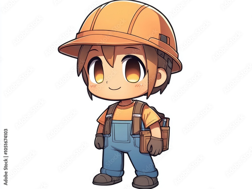 Fototapeta premium A cute cartoon character of a construction worker with an orange hard hat, blue overalls, and a tool belt.