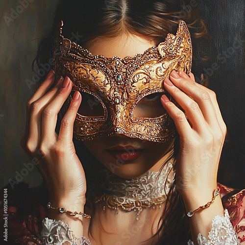 Mysterious Woman Holding an Ornate Gold Mask, Expressing Elegance, Intrigue, and Enchantment in a Renaissance-Inspired Portrait