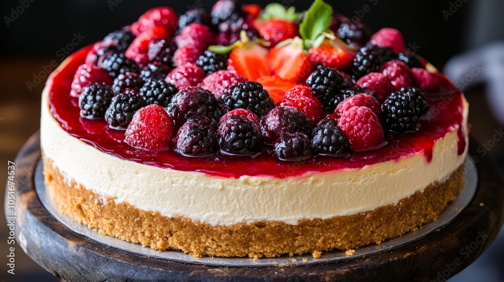 A delectable cheesecake topped with fresh fruit and a graham cracker crust. A delectable cheesecake topped with fresh fruit and a graham cracker crust.