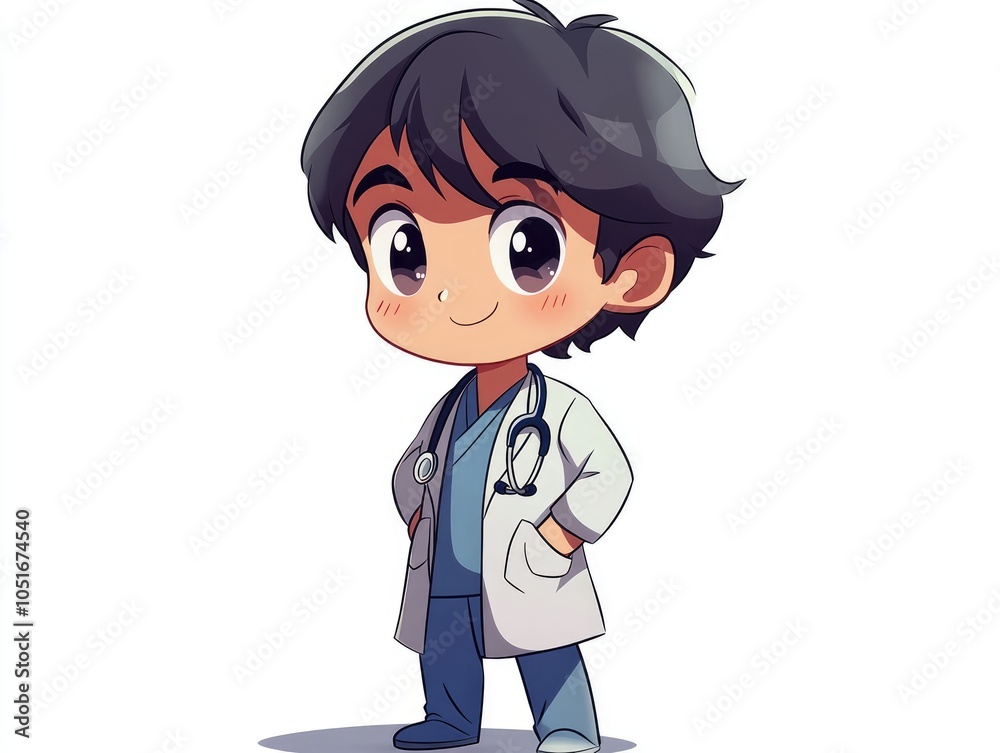 A cute cartoon doctor with a stethoscope around his neck, smiling and standing with his hands in his pockets. A cute cartoon doctor with a stethoscope around his neck, smiling and standing with his hands in his pockets.