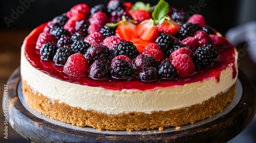 A delectable cheesecake topped with fresh fruit and a graham cracker crust. 