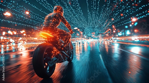 A motorcyclist clad in glowing suit speeds through a digital landscape, surrounded by dynamic neon lines and futuristic lighting, showcasing speed and technology. photo