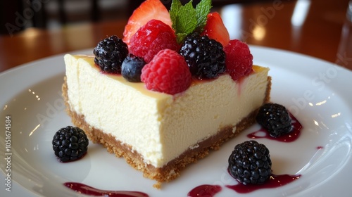 A delectable cheesecake topped with fresh fruit and a graham cracker crust. 