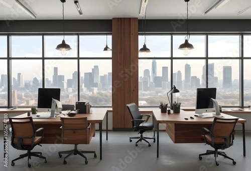 A modern office space with large windows overlooking a city skyline. The room has two desks with office chairs  wooden accents  and industrial-style pendant lights.