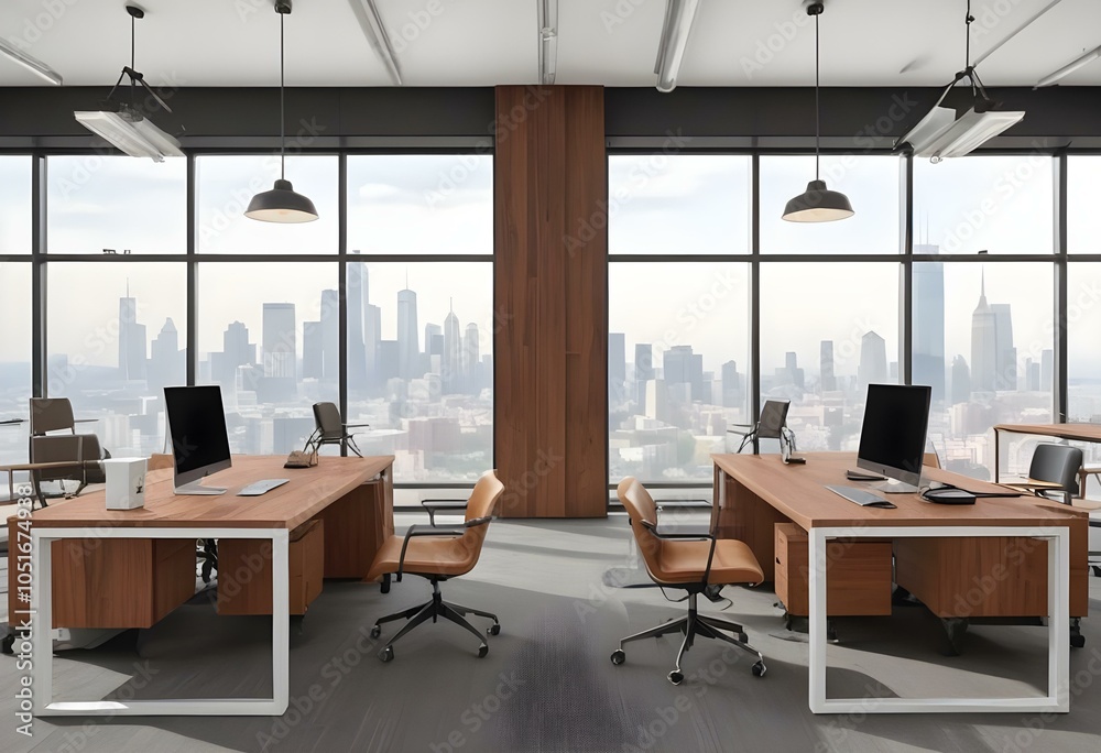 A modern office space with large windows overlooking a city skyline. The room has two desks with office chairs, wooden accents, and industrial-style pendant lights. A modern office space with large windows overlooking a city skyline. The room has two desks with office chairs, wooden accents, and industrial-style pendant lights.