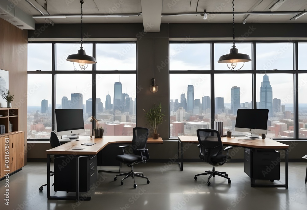 A modern office space with large windows overlooking a city skyline. The room has two desks with office chairs, wooden accents, and industrial-style pendant lights. A modern office space with large windows overlooking a city skyline. The room has two desks with office chairs, wooden accents, and industrial-style pendant lights.
