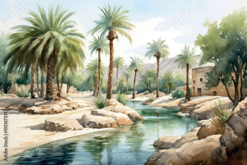 Serene desert oasis with palm trees