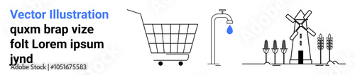Minimalist black and white depiction of a shopping cart water faucet and windmill. Ideal for sustainability eco-friendly living water conservation and renewable energy. Banner for landing page