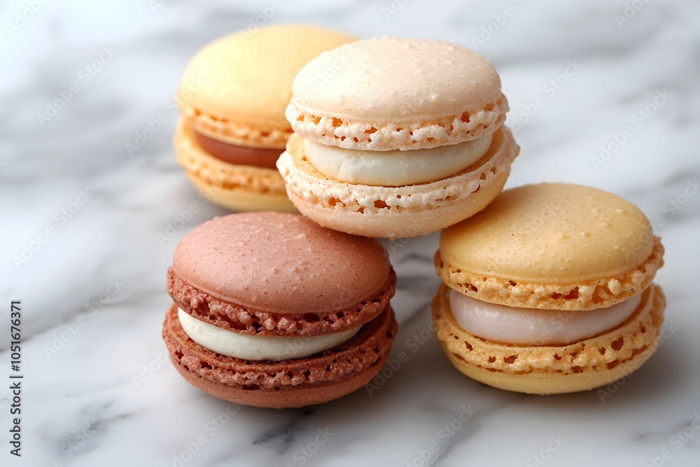 Fototapeta premium Colorful macarons arranged artfully on a marble surface