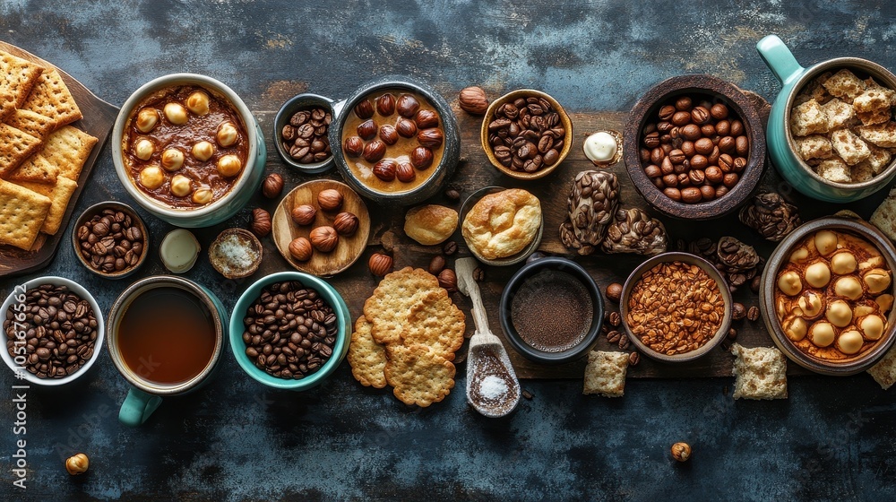 Artistic flat lay of hazelnut coffee, with steaming cups and coffee beans arranged around a warm breakfast spread. Artistic flat lay of hazelnut coffee, with steaming cups and coffee beans arranged around a warm breakfast spread.