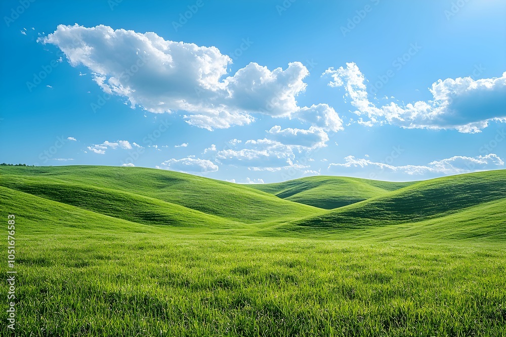 Obraz premium Lush green hills under a blue sky with scattered clouds in daylight