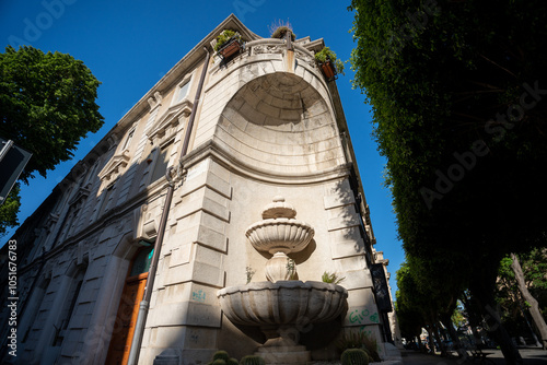 Messina, Italy - May 22, 2024: Fountain inside Exedra. Botton to top view. photo