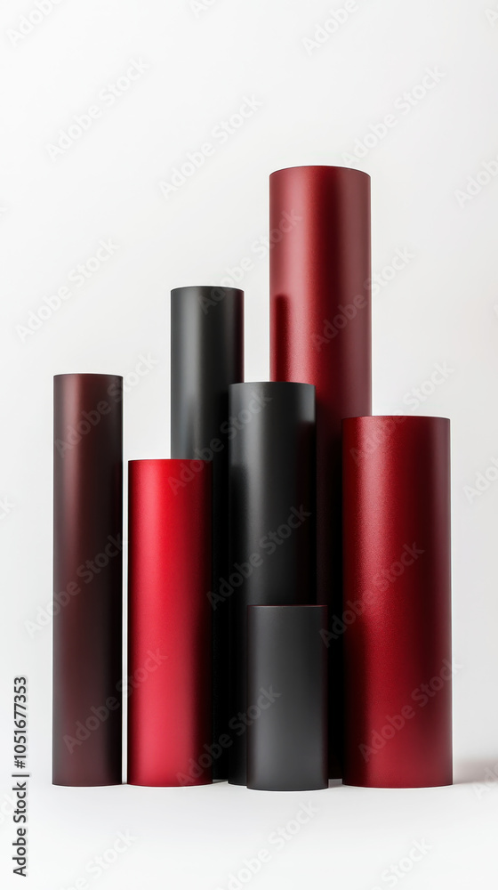 Obraz premium Cylinders podiums of red, brown and black colours, clean background. Industrial or product template. Generative AI