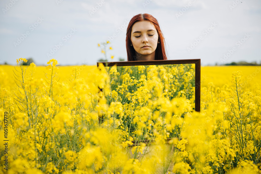 Teenage girl with closed eyes by mirror at oilseed rape Teenage girl with closed eyes by mirror at oilseed rape