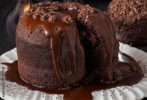 Chocolate lava cake with powdered sugar on a black background. Generative AI.