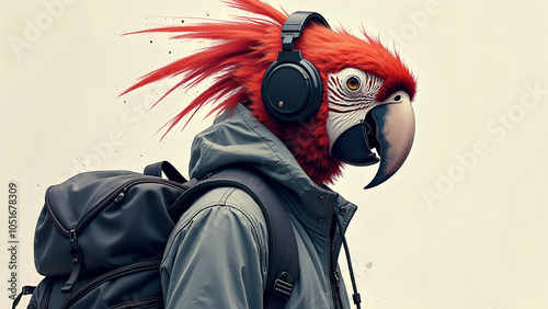 Stylized parrot-headed person wearing headphones and a backpack in an artistic portrait photo