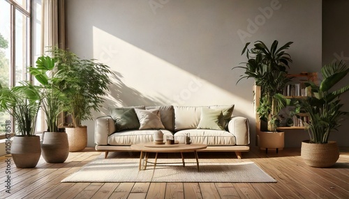 Minimalist Living Room with Natural Light and Indoor Plants