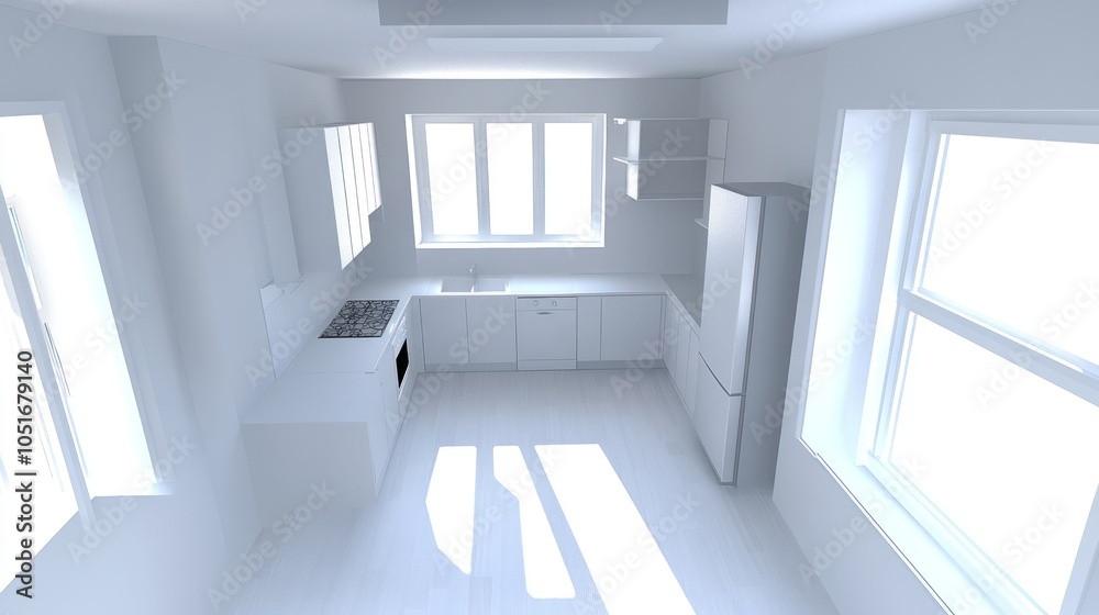 Obraz premium A modern, minimalist kitchen design with ample natural light and functional layout.