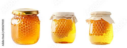 Natural honey in a jar that highlights honeycomb isolated on white transparent background, ideal for food lovers and health conscious themes photo