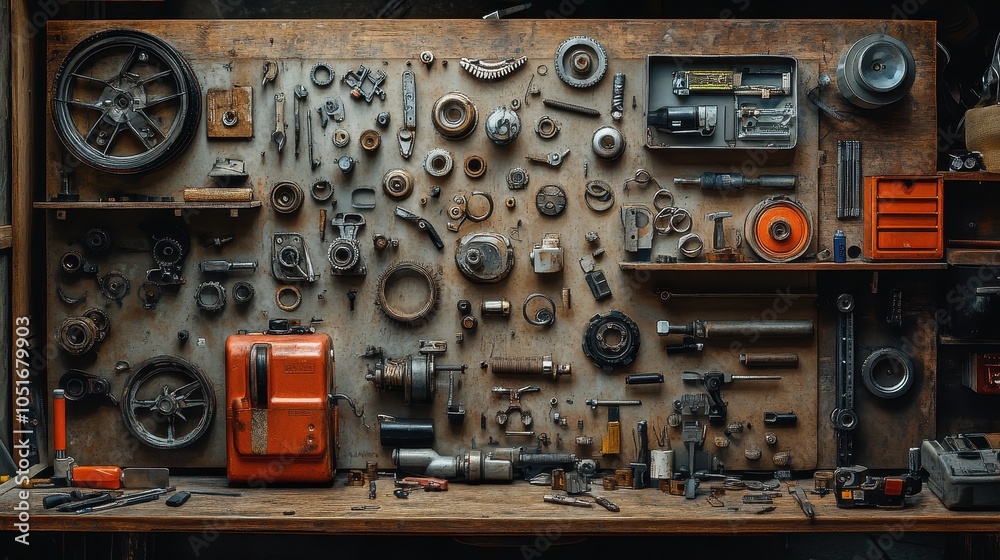 Fototapeta premium Artistic representation of motorcycle parts scattered on a workbench, emphasizing craftsmanship.
