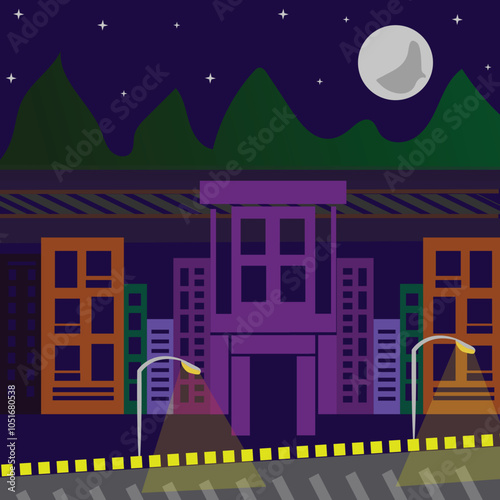 "Night Cityscape Illustration with Streetlights and Full Moon - Urban Skyline Vector Art"