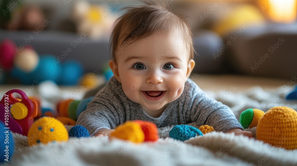 Obraz premium Baby giggling while playing with colorful toys on a soft blanket.