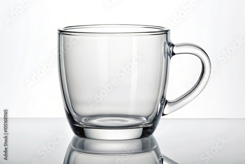 Modern clear glass coffee mug with a minimalist handle and a rounded body shape, modern, tableware