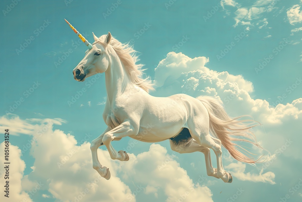 Obraz premium a white hanoverian horse with a rainbow colored skin running in mystical clouds background