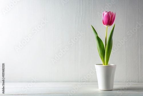 Single long-stemmed pink tulip standing upright in a simple white container with clean lines, solo bouquet, clean lines, single stem flower, simple elegance, single bloom