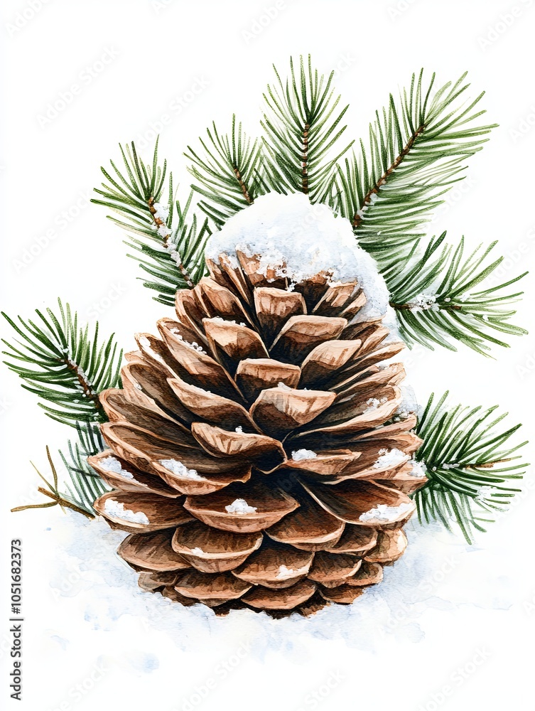 Fototapeta premium Snow-covered pine cone with evergreen branches