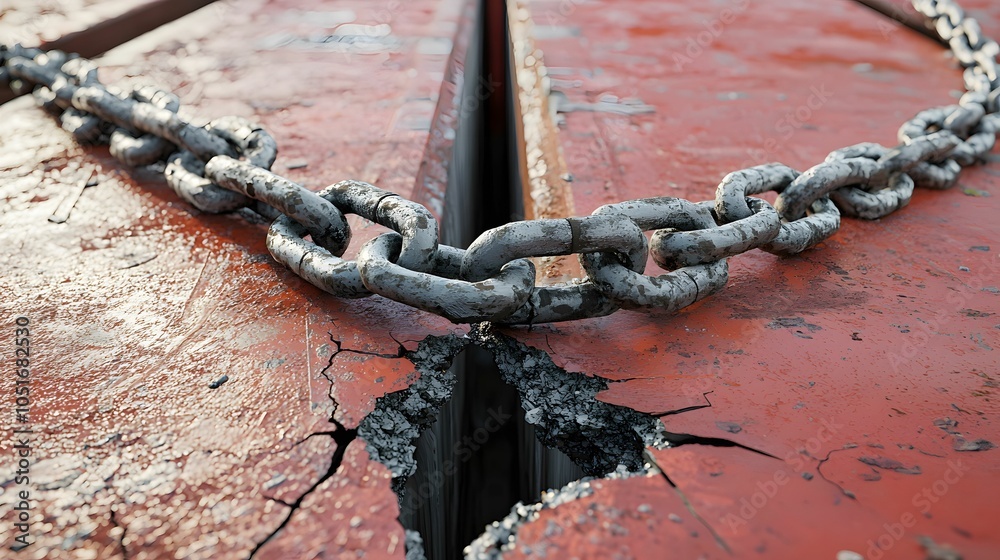 Close-up of a worn, rusty chain lying on a cracked red metal surface, symbolizing decay, tension, and industrial strength. Close-up of a worn, rusty chain lying on a cracked red metal surface, symbolizing decay, tension, and industrial strength.