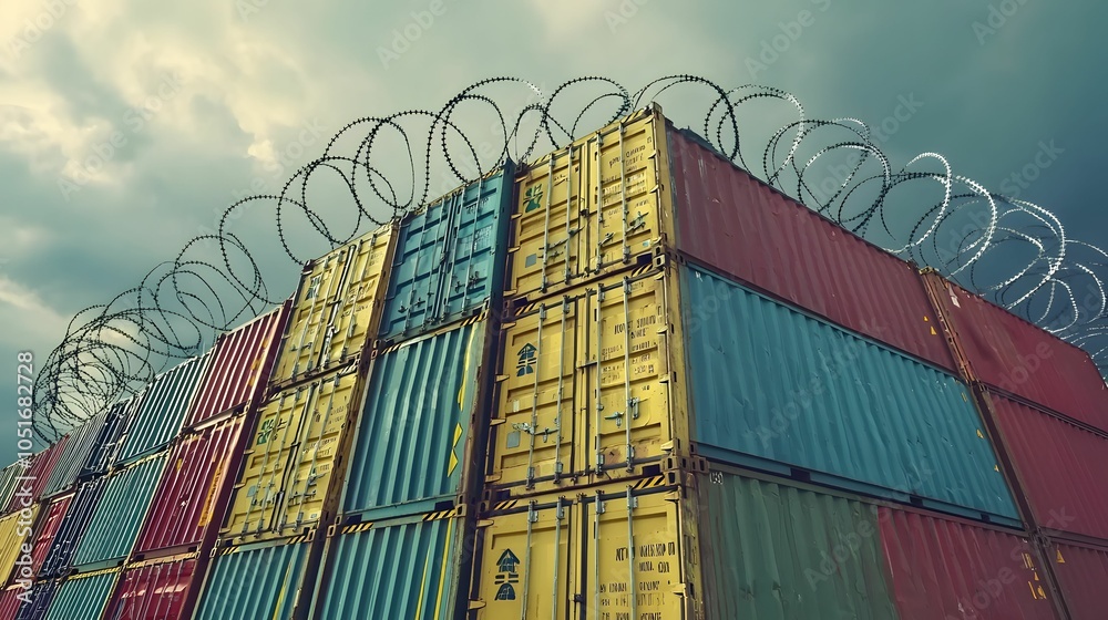 Fototapeta premium Stacked shipping containers topped with barbed wire against a cloudy sky, symbolizing security, restricted access, and industrial shipping zones.