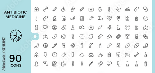 Set of Antibiotic line icons. Includes icons for medicine, formula, health, antibacterial, pharmacy and more. Simple web icons. Vector outline icons Collection. photo