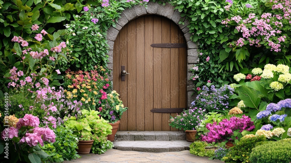 Fototapeta premium A charming wooden door framed by vibrant flowers and lush greenery, inviting you into a colorful garden paradise.