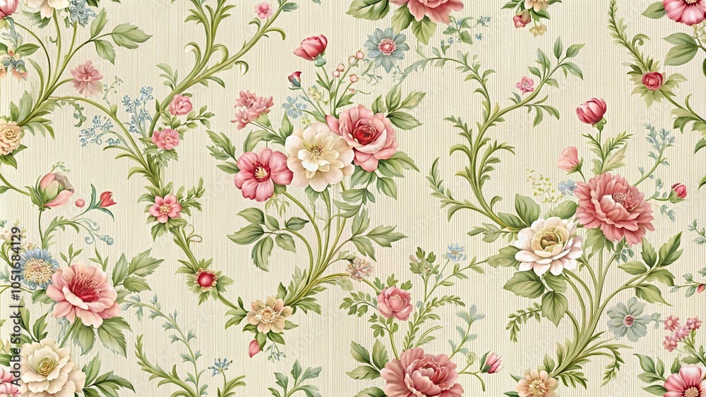 Fototapeta Vintage style stitch pattern wallpaper with a floral design featuring delicate flowers and greenery, furniture, ornate, textile art