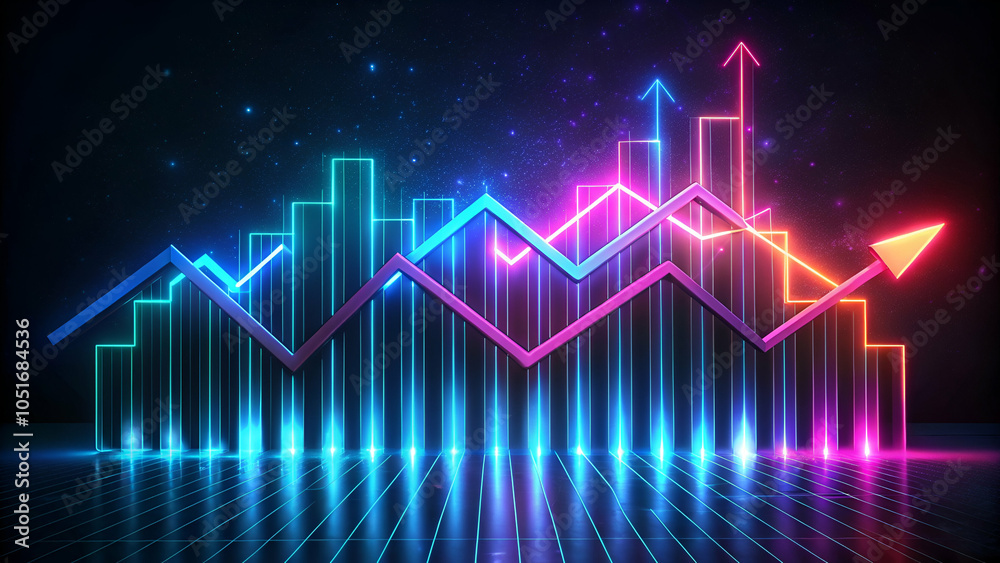 An eye-catching 3D neon financial graph with glowing arrows pointing upward on a dark background, ideal for depicting economic growth and digital finance themes An eye-catching 3D neon financial graph with glowing arrows pointing upward on a dark background, ideal for depicting economic growth and digital finance themes