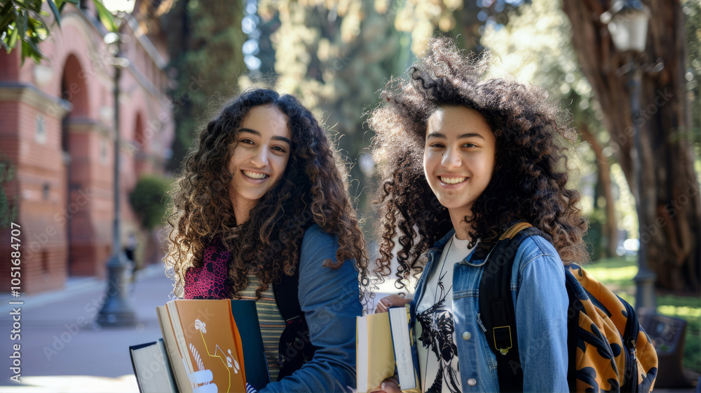 Naklejka premium Two female students with curly hair and a book in their hands 