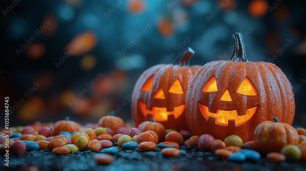 Fototapeta premium Halloween banner with copy space, Jack-o'-lanterns, pumpkins, autumn theme, candies, trick-or-treat