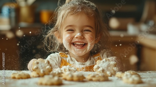 Child baking in the kitchen, covered in flour and giggling as they decorate cookies with colorful icing. photo