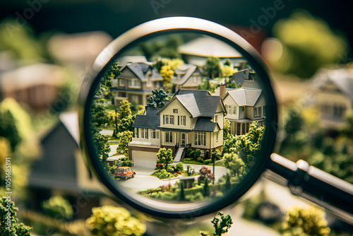 A magnifying glass focuses on a detailed model house, showcasing intricate architecture and surrounding landscape with vibrant greenery and miniature cars