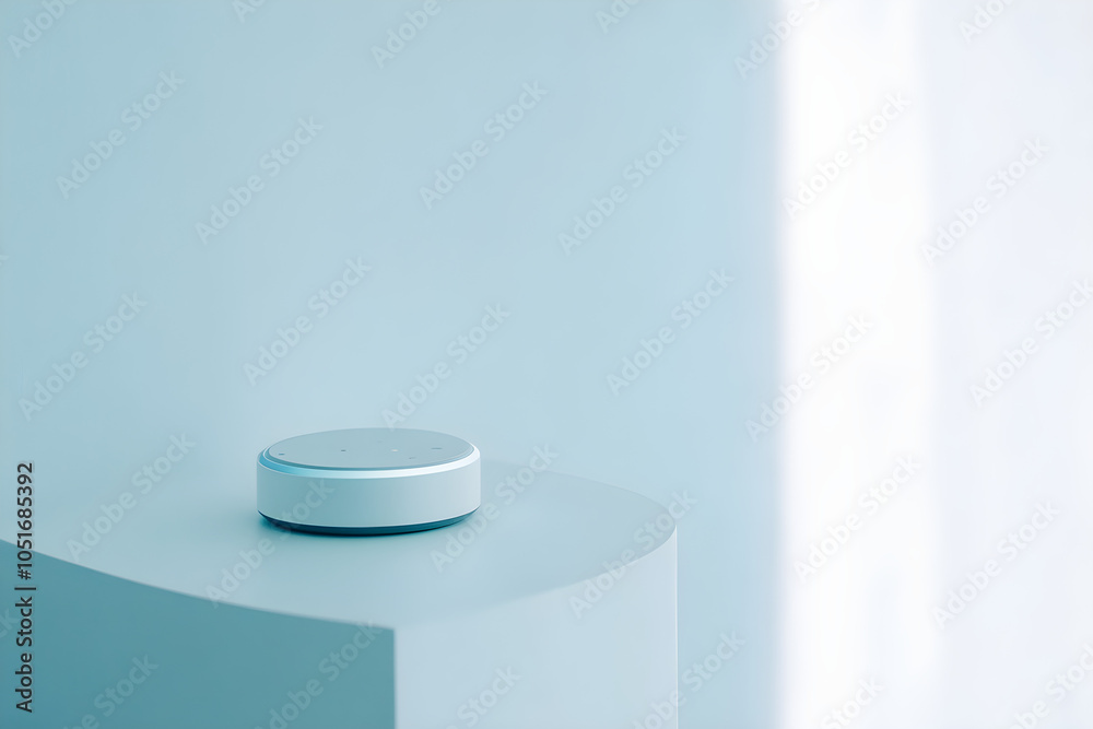 A compact virtual assistant device sits on a minimalist white table, surrounded by soft natural light creating a serene modern atmosphere